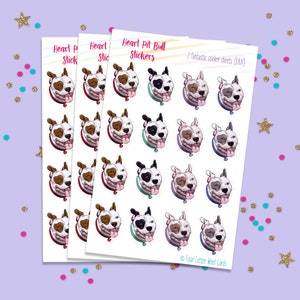 May include: Three sheets of stickers featuring illustrated pit bull dogs with hearts on their eyes. The stickers are white with a black outline and feature different colored hearts. The text "Heart Pit Bull Stickers" is at the top of the sheet. The text "2 fantastic sticker sheets (YAY!)" is at the top right corner of the sheet. The text "Four Letter Word Cards" is at the bottom of the sheet.