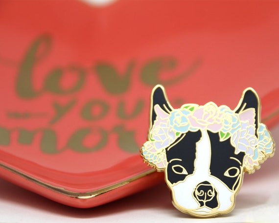 Boston Terrier Flower Crown Enamel Pin