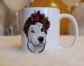 White and Brown Pitbull Flower Crown Ceramic Coffee Mug - Dog Lover Gift