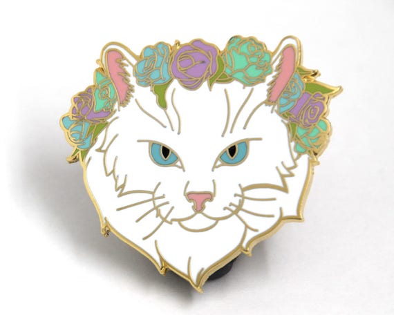 White Cat Enamel Pin - Cat Flower Crown - Pastel Enamel Pin - Cute Hard Enamel Pin