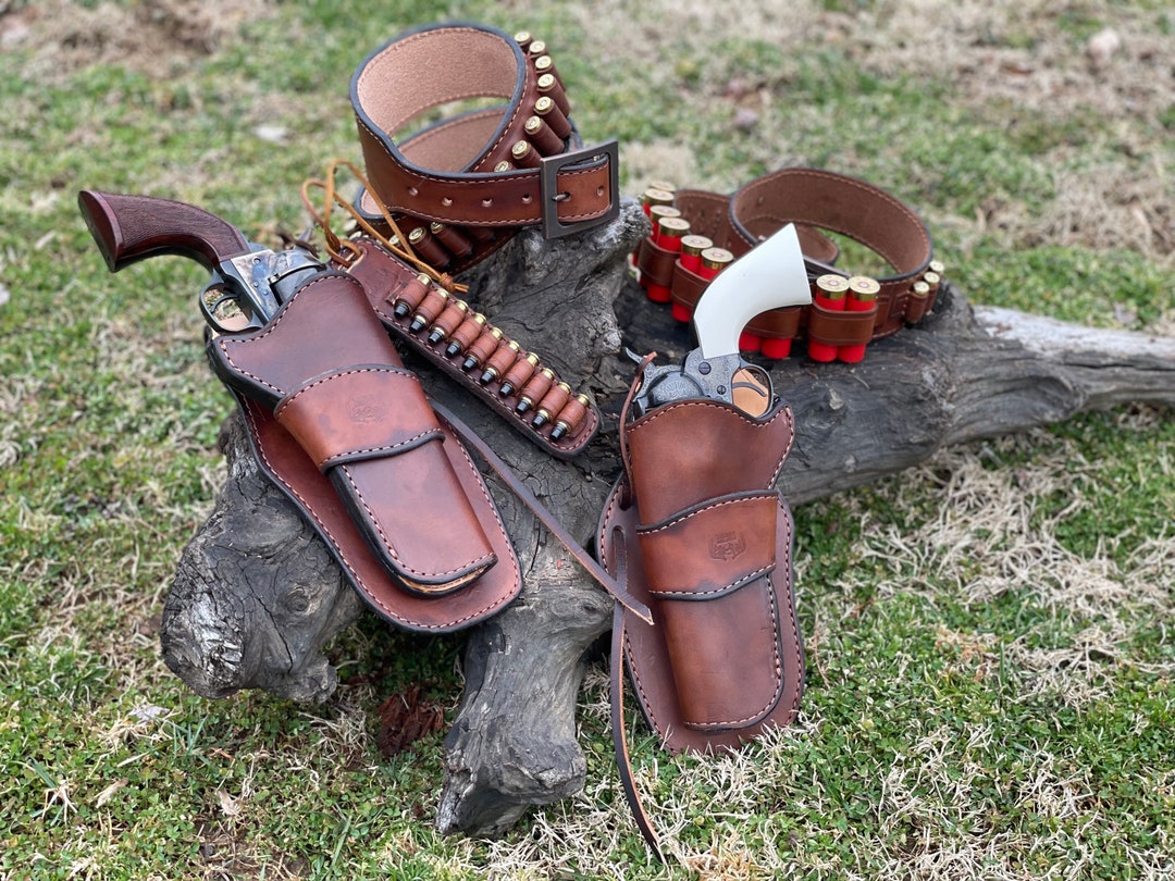 USA MADE Complete Set Up Leather Two Holster Cowboy Belt With Shotgun Belt and Loading Strip Gun Belt Cartridge Belt Made in USA Etsy