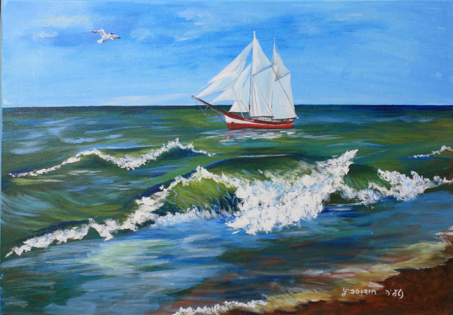 Acrylic Painting Canvas Art Boat on Sea Gull in the Sky Wall Etsy
