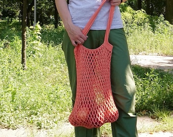 Reusable market bag Crochet shopper Peach shoulder bag Summer mesh bag Crochet net bag Vegan bag