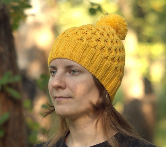 Yellow Beanie Pom Pom Hat Women Knit 