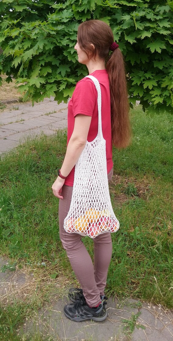 White Crochet Bag Market Mesh Bag Shopping Tote Vegetable Fruit 