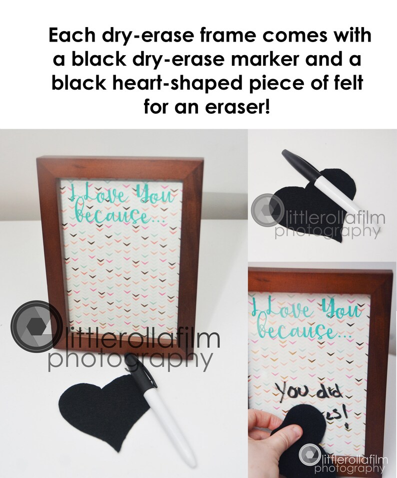 elegant bright pink I Love You Because Dry Erase Frame gift for wife valentines day gift gift for husband wedding gift gift for couple