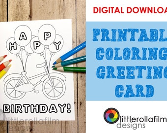 Printable Coloring Card, Digital Download, Birthday Bike Card, Birthday Card, Coloring Card, Printable Card