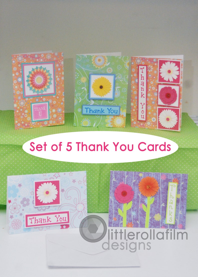 Thank You Card for Her Thank You Card for Child Package of Cards Thank You Greeting Card Set of 5 Bright /& Colorful Glitter Floral
