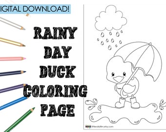 Printable Coloring Page, Digital Download, Duck Coloring, Rain Coloring, Coloring Activity, Coloring Page, Printable Coloring, Kids Activity