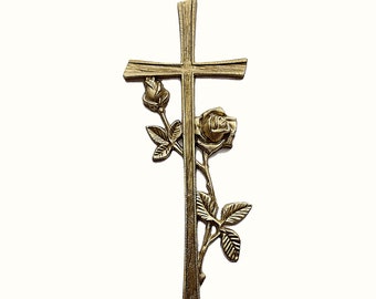 Large wall cross of solid brass Christian wall art cross with rose branch Catholic gifts wall decor Jesus cross Baptism Gift for Christian