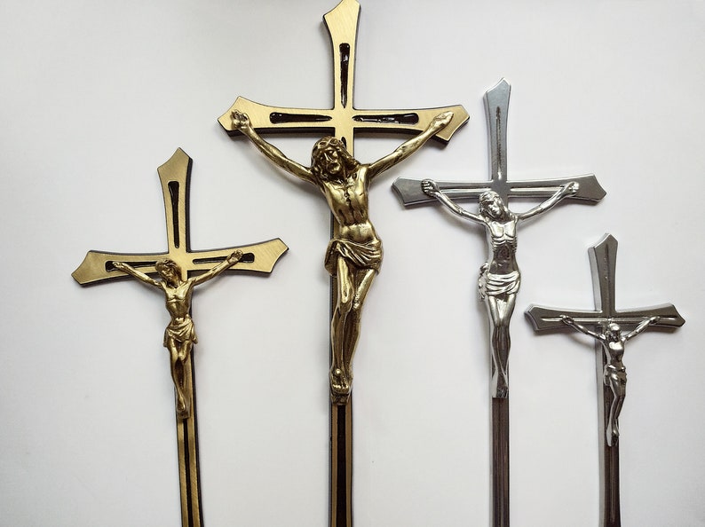 Large wall crucifix of solid brass 3d wall art cross Catholic gifts wall decor Christian wall art Jesus cross Baptism Gift for Christian image 7