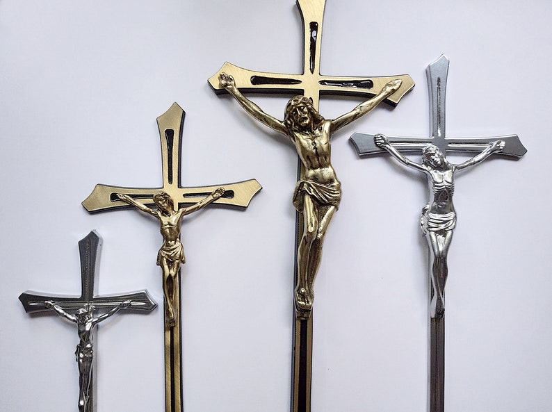 Large wall crucifix of solid brass 3d wall art cross Catholic gifts wall decor Christian wall art Jesus cross Baptism Gift for Christian image 1