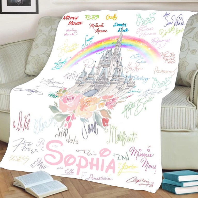 Personalized Disney Characters Signatures Blanket, Mickey And Friends, Disney Princesses
