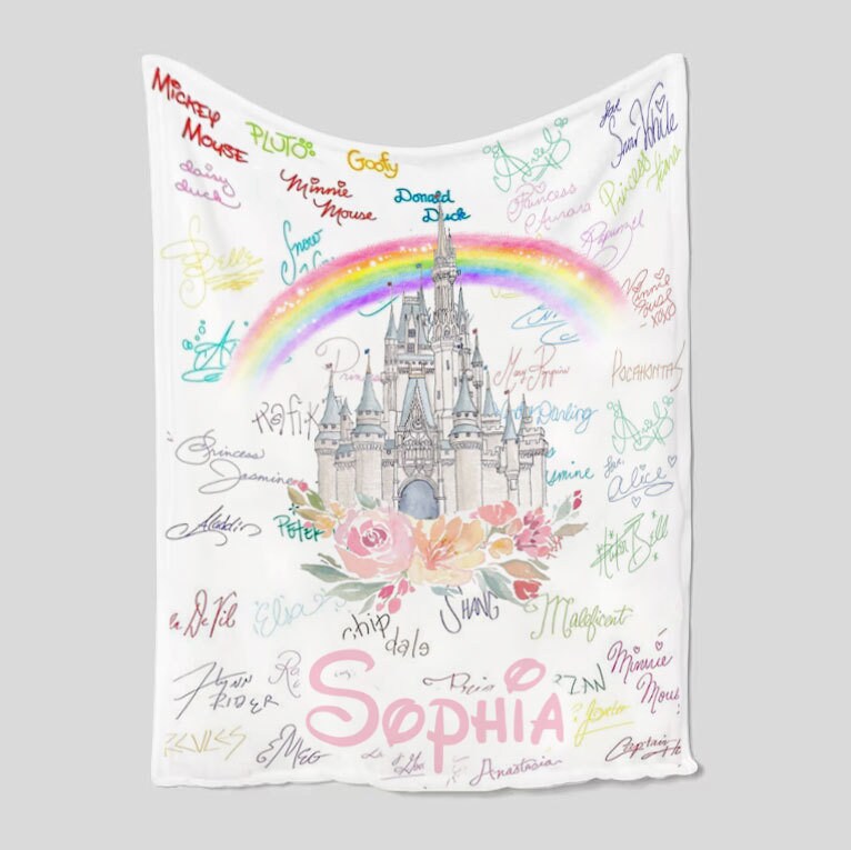 Personalized Disney Characters Signatures Blanket, Mickey And Friends, Disney Princesses