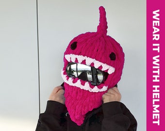Pink Shark Balaclava for Helmet, Snowboard Helmet Cover, Animal Face Mask, Knitted Baby Ski Mask, Crochet Helmet Protector Cartoon Hat