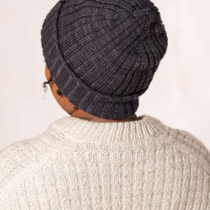 May include: A dark gray ribbed knit beanie hat.