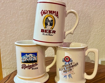 Vintage 1985 Great American Breweries Tankard Collection Porcelain Mugs | Olympia, Seattle WA Rainier, Pabst PBR | Collectible Beer Stein