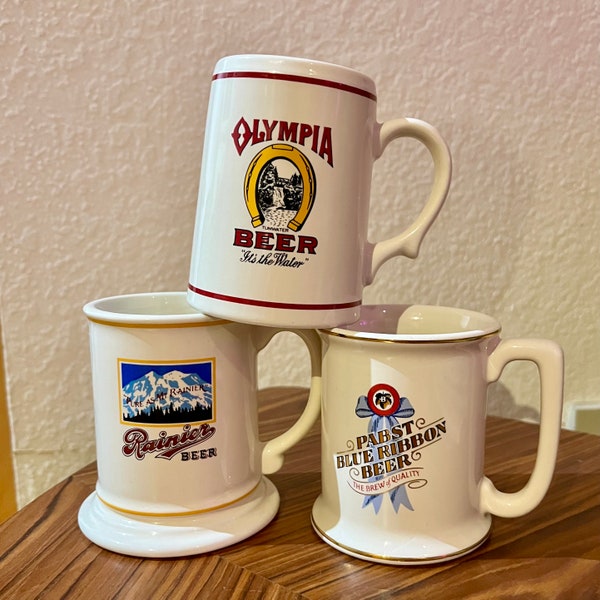 Vintage 1985 Great American Breweries Tankard Collection Porcelain Mugs | Olympia, Seattle WA Rainier, Pabst PBR | Collectible Beer Stein