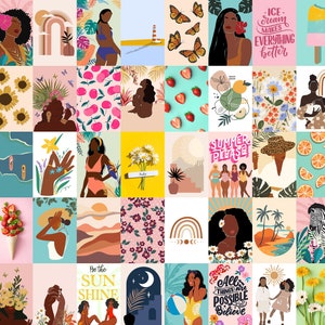115 pcs, African American Women Art, Black Girl Wall Art, Earth and Boho Wall Collage Kit, Summer Collage Kit