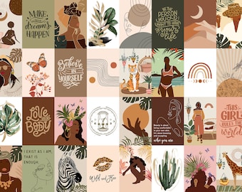 120 pcs, African American Women Art, Black Girl Wall Art, Earth and Boho Wall Collage Kit, Green and Brown Collage Kit, Affirmation Cards