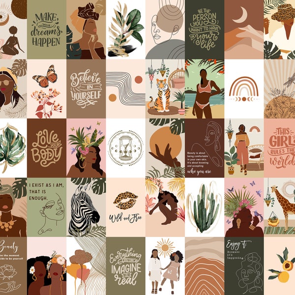 120 pcs, African American Women Art, Black Girl Wall Art, Earth and Boho Wall Collage Kit, Green and Brown Collage Kit, Affirmation Cards