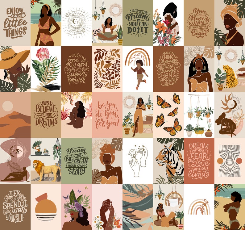 120 pcs, African American Women Art, Black Girl Wall Art, Earth and Boho Wall Collage Kit, Green and Brown Collage Kit, Affirmation Cards image 3