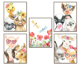 Farm Animals Nursery Prints, Farm Animals Nursery Wall Art, Baby Girl Nursery Decor, Watercolor Wildflowers, DIY Printable