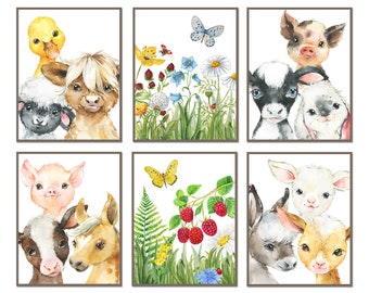 Farm Animals Nursery Prints, Farm Animals Nursery Wall Art, Baby Girl Nursery Decor, Watercolor Wildflowers, DIY Printable