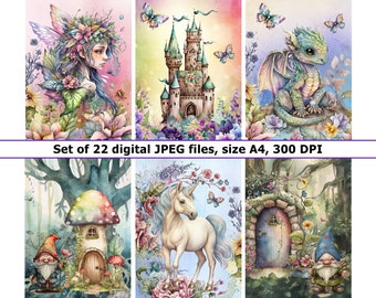 A4 Magical Fairies Digital Papers, Watercolor Floral Fairy Tale, Whimsical Fantasy Forest Printables, Enchanted Forest, Dragons, Gnomes