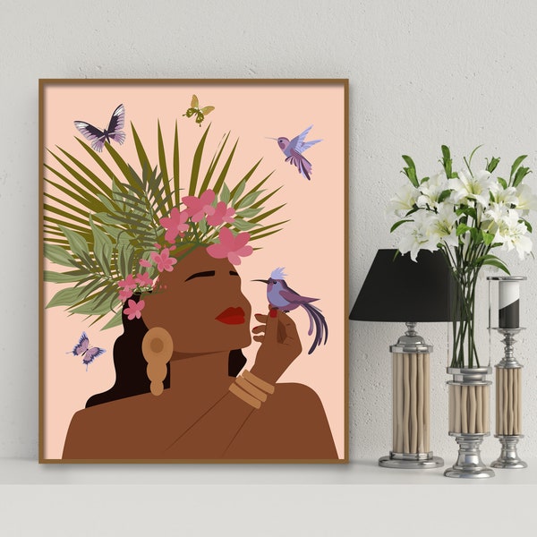 African American Women Art, Black Girl Wall Art, Black Woman Illustration, Female Portrait Print, Tropical Modern Print