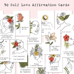 Set of 50 Self Love Affirmation Printable Cards, Women Positive Affirmation Cards, Daily Affirmation Cards, Self Care Gift, Mindfulness