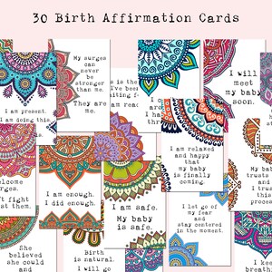 Conjunto de 30 cartões imprimíveis de afirmação de nascimento, afirmações positivas de nascimento, afirmações de gravidez de mandala, presente para nova mãe