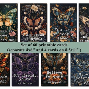 Juego de 60 tarjetas imprimibles de afirmación mágica de amor propio, tarjetas de afirmación positiva para mujeres, tarjetas de afirmación diaria, tarjetas de polilla imprimibles