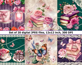 Books and Tea Digital Papers, Watercolor Floral Tea Party, Floral Books Printables, Watercolor Garden Tea, Watercolor Butterfly, 12x12 inch