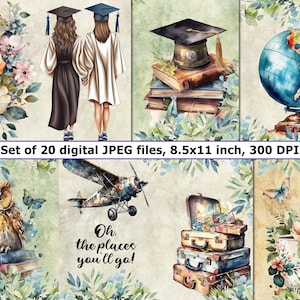 Vintage Graduation Digital Papers, Graduation Scrapbooking, Graduation Greenery Junk Journal Pages, Graduation Party Decoration, 8.5x11 inch
