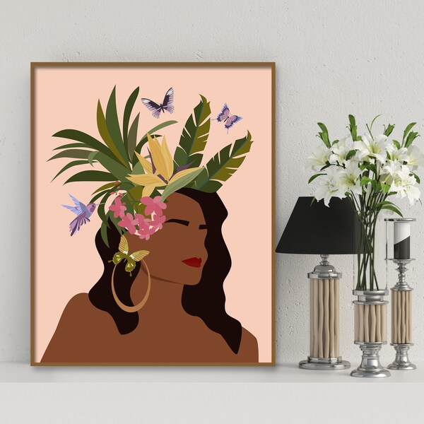 African American Women Art, Black Girl Wall Art, Black Woman Illustration, Female Portrait Print, Tropical Modern Print, BUY 3 GET 2 FREE