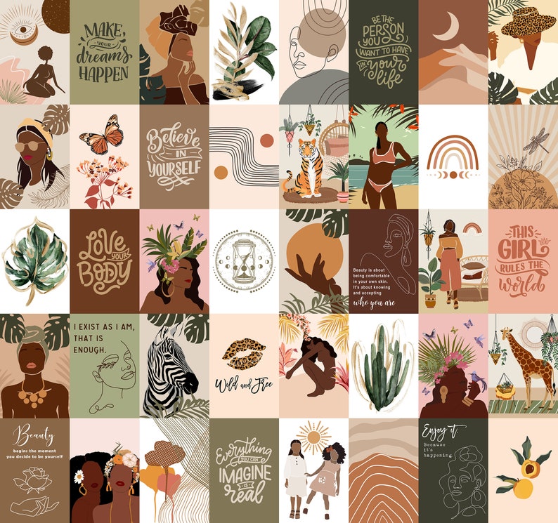 120 pcs, African American Women Art, Black Girl Wall Art, Earth and Boho Wall Collage Kit, Green and Brown Collage Kit, Affirmation Cards image 1