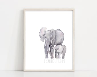 Lámina infantil de elefantes en acuarela: Sueña en grande (Descarga digital)