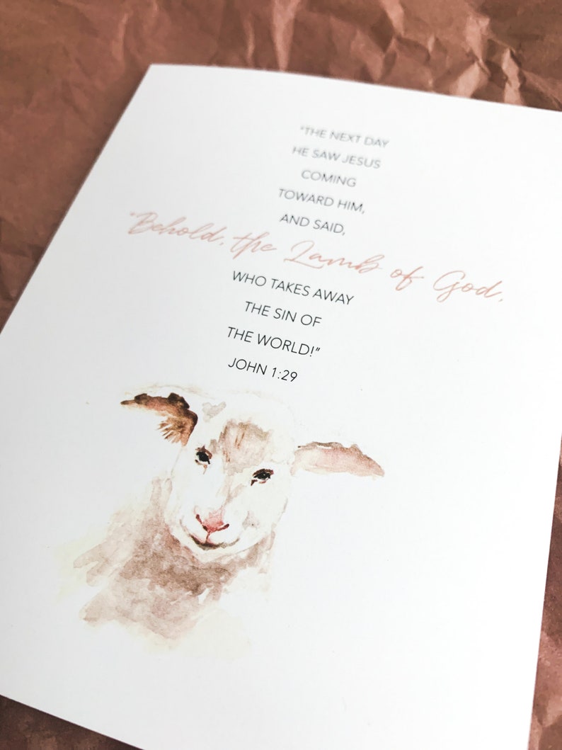 K&ouml;nnte beinhalten: Ein Aquarellbild eines wei&szlig;en Lammes mit rosa Nase. Das Bild ist auf wei&szlig;em Hintergrund mit dem Text "Siehe, das Lamm Gottes, das die S&uuml;nde der Welt tr&auml;gt!" Johannes 1,29.