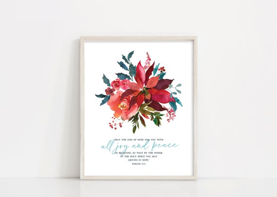 Poinsettia Christmas Sign, Romans 15.13 Printable Wall Art, Christmas Decor, Holiday Sign, INSTANT DOWNLOAD