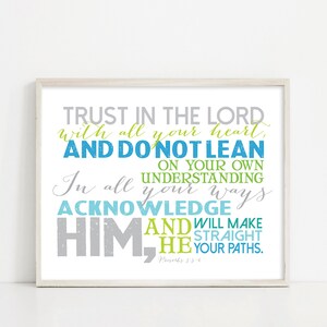 May include: A white framed print with a light blue background and gray, green, and blue text. The text reads "TRUST IN THE LORD with all your heart, AND DO NOT LEAN ON YOUR OWN UNDERSTANDING In all your ways ACKNOWLEDGE HIM, HE WILL MAKE YOUR PATHS STRAIGHT. Proverbs 3:5-6"