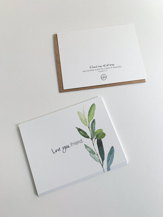 Flat Stationery, Love you friend Flat Cards, Valentine's Notes, Watercolor Greenery, Friend Gift, Friendship, Encouragement Cards