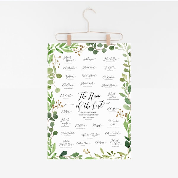 Names of the Lord Poster, Hebrew Names of God, Watercolor Greenery, Eucalyptus Watercolor, 8x10, 18x24 Digital Print, INSTANT DOWNLOAD