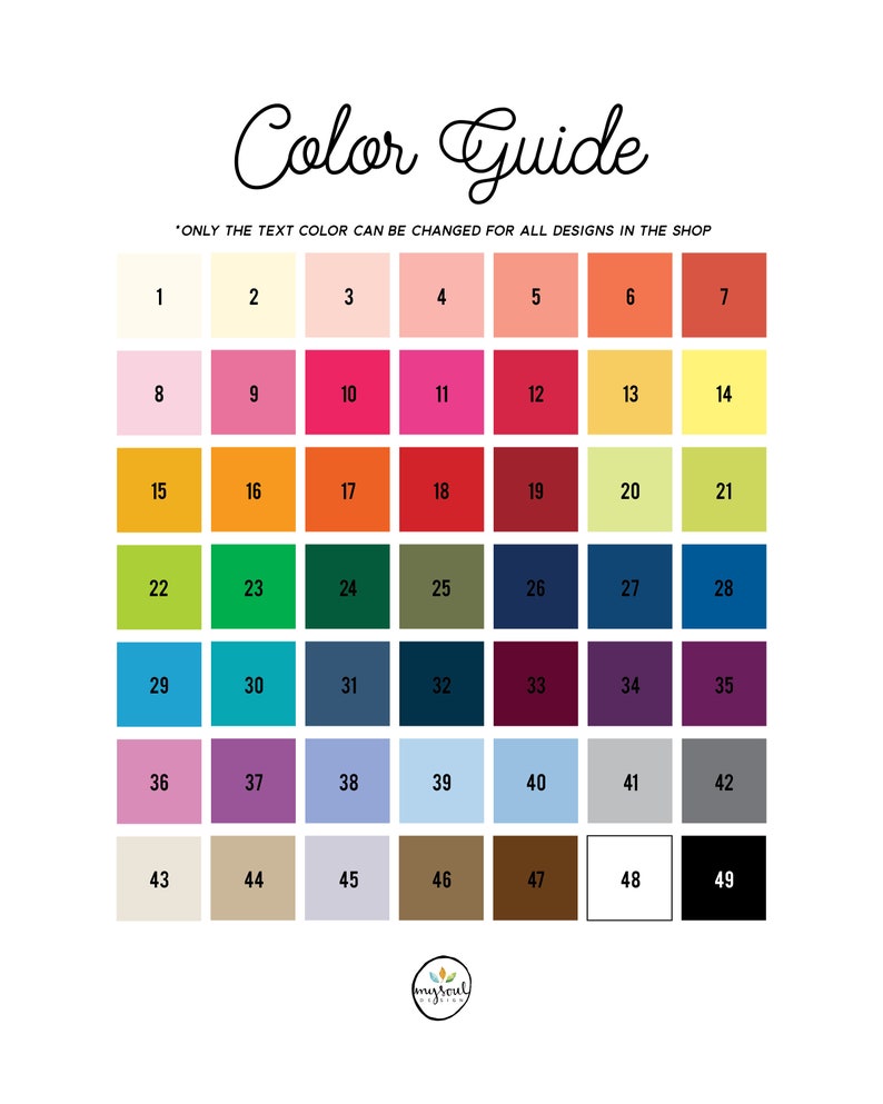 K&ouml;nnte beinhalten: Farbguide mit 49 verschiedenen Farbmustern. Die Textfarbe kann f&uuml;r alle Designs im Shop ge&auml;ndert werden.