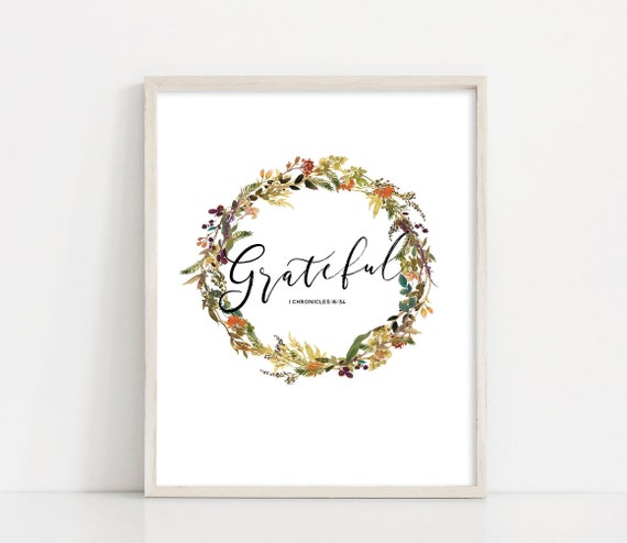 Grateful Wreath Wall Art - 8x10" Printable Sign - Fall Watercolor Floral Wreath - Printable Art - Thanksgiving Sign - INSTANT DOWNLOAD