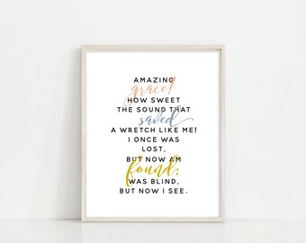Amazing Grace Hymn Wall Art - Printable Hymn - Amazing Grace Sign - Inspirational Quotes - John Newton Printable Art - INSTANT DOWNLOAD