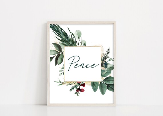 Christmas Peace Printable Sign, Christmas Wreath Digital Print, Printable Wall Art, Christmas Decor, Holiday Sign, INSTANT DOWNLOAD