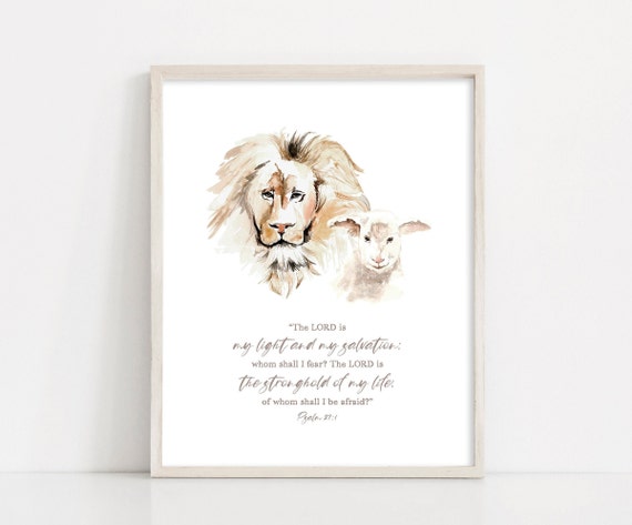 Watercolor Lion, Watercolor Lamb Printable,Psalm 27 1 Bible Verse, Nursery Wall Art, Printable Easter, Mother's Day INSTANT DOWNLOAD