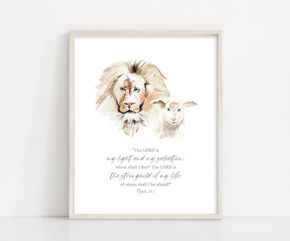 Watercolor Lion, Watercolor Lamb Printable,Psalm 27 1 Bible Verse, Nursery Wall Art, Printable Easter, Mother's Day INSTANT DOWNLOAD