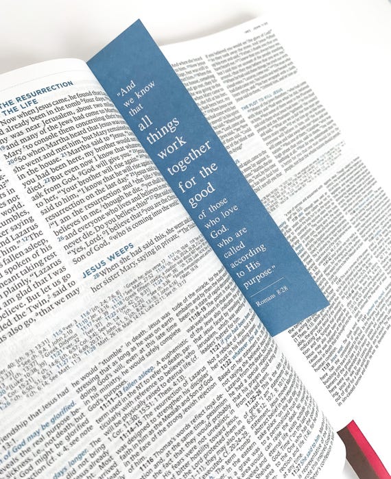 Romans 8 28 Bookmark, Slate Blue Romans 8 Bible study, Mens Bookmark